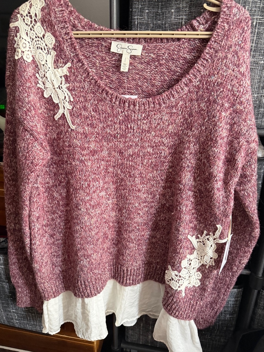 Jessica Simpson Rose Marl Sweater with Cream Lace Accents